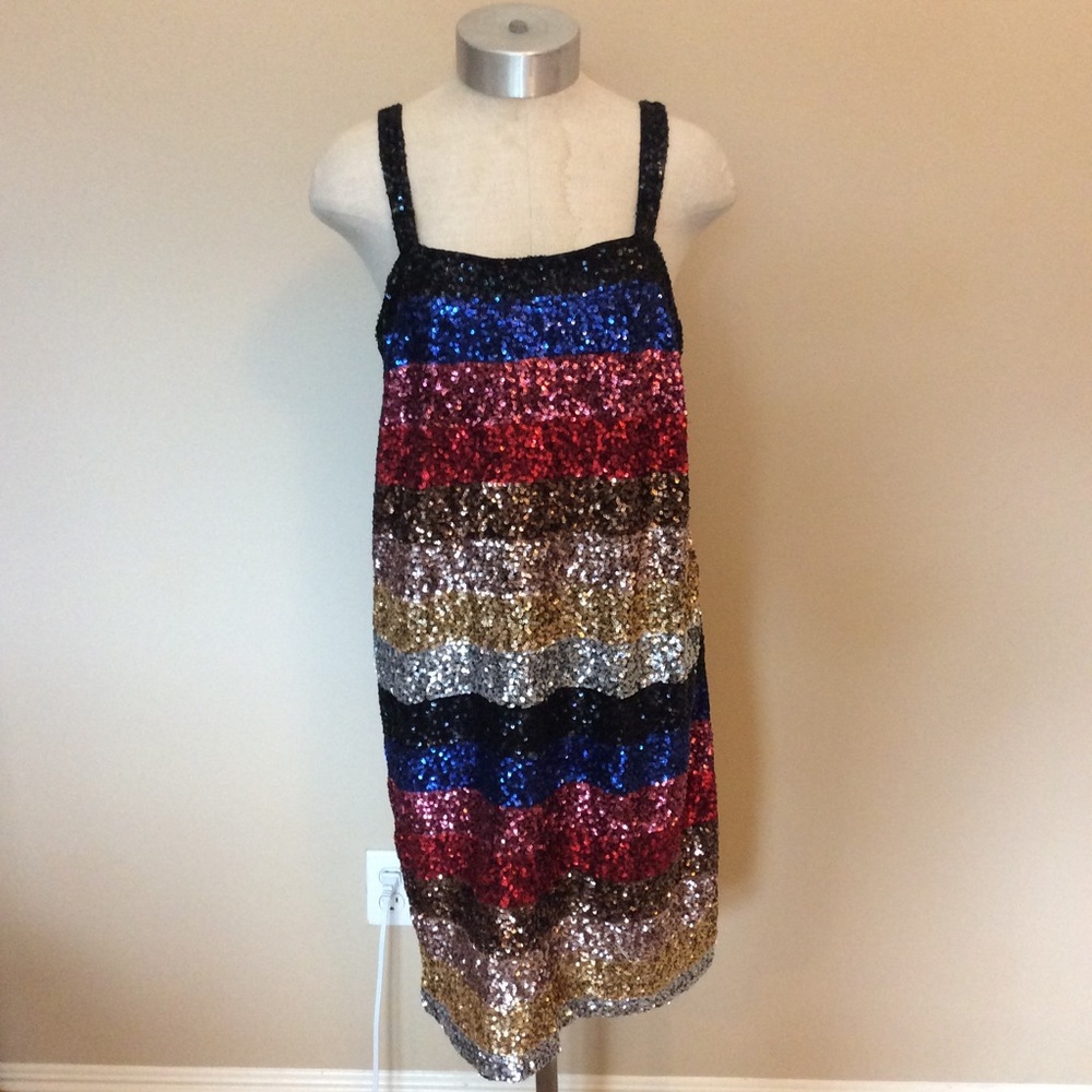 Gap sequin crazy stripe multicolored dress bold statement piece concert holiday